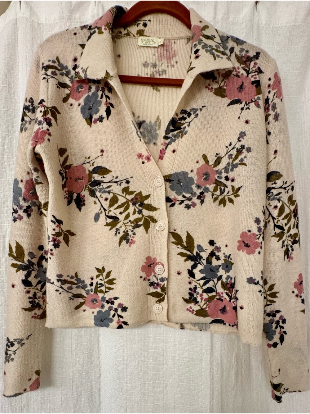 Spartina 449 Floral Collared Cardigan in Cream, Pink and Blue